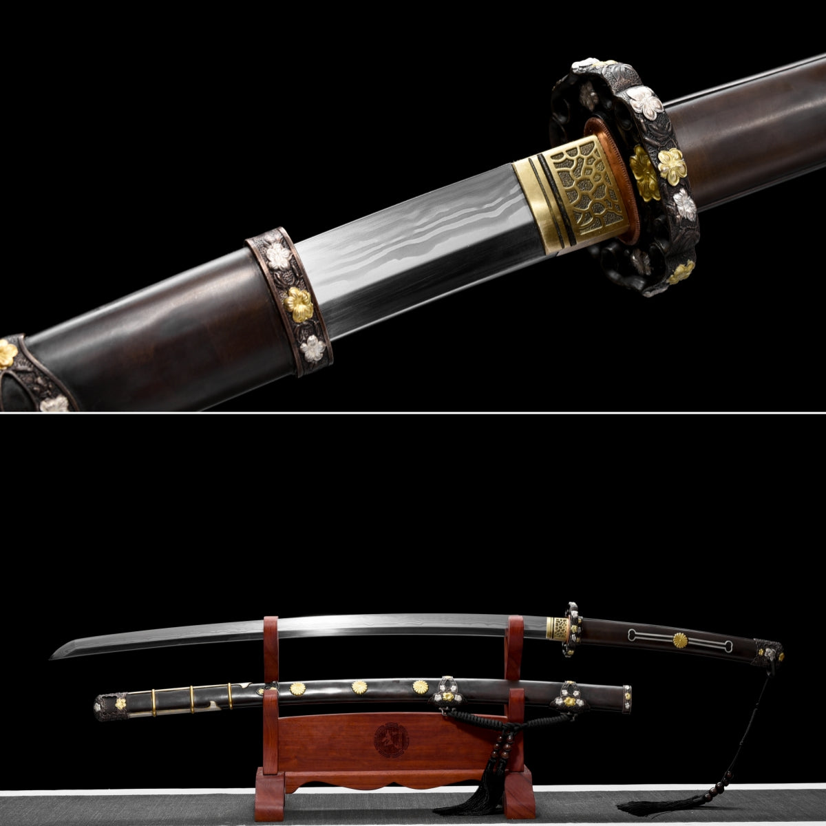 Handgefertigtes Tachi-Schwert mit durchgehender Klinge aus Damaszenerstahl und echtem Hamon, 45 Zoll, echtes Katana-Schwert
