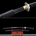 Handgefertigtes Full-Tang-Katana, 1045er Stahl, schwarze Klinge und schwarze Lederscheide, echtes Katana-Schwert