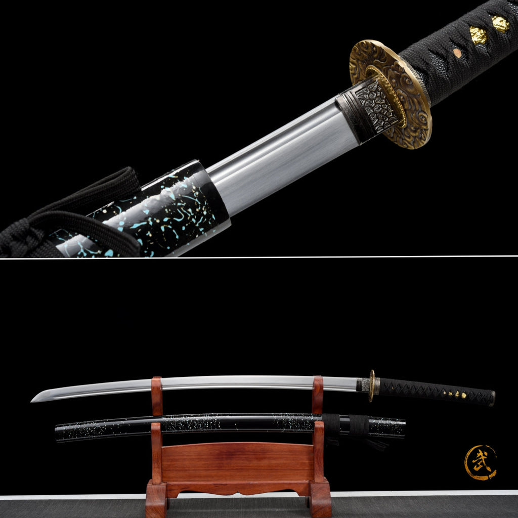 Handgefertigtes Full-Tang-Katana, 1045er Kohlenstoffstahl, schwarze Scheide, echtes Katana-Schwert