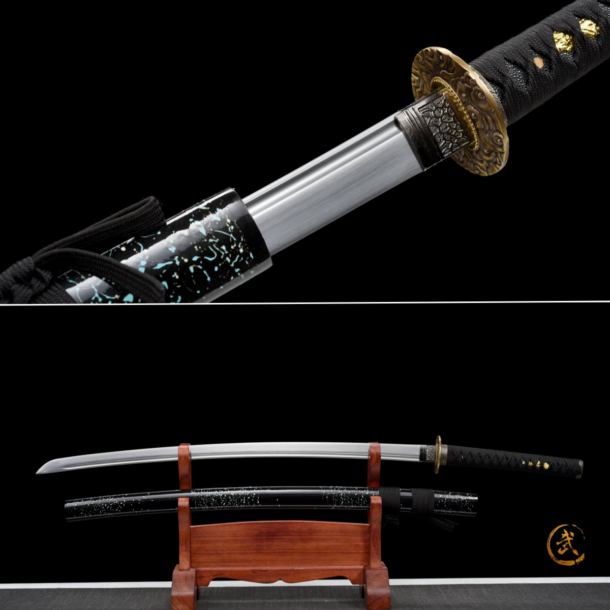 Handgefertigtes Full-Tang-Katana, 1045er Kohlenstoffstahl, schwarze Scheide, echtes Katana-Schwert