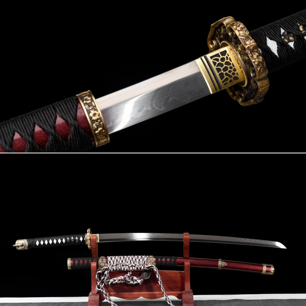 Handgefertigtes Tachi-Schwert mit durchgehender T10-Stahlklinge, echtem Hamon und Full-Tang-Konstruktion, 41 Zoll, echtes Katana-Schwert
