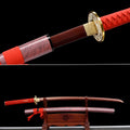 Handgefertigtes Full-Tang-Katana aus 1095er Kohlenstoffstahl mit roter Klinge, echtes Katana-Schwert