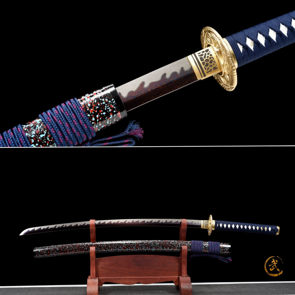 Handgefertigtes Full-Tang Katana aus Damaszenerstahl mit BLAUER Klinge, echtes Katana-Schwert