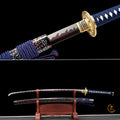 Handgefertigtes Full-Tang Katana aus Damaszenerstahl mit BLAUER Klinge, echtes Katana-Schwert