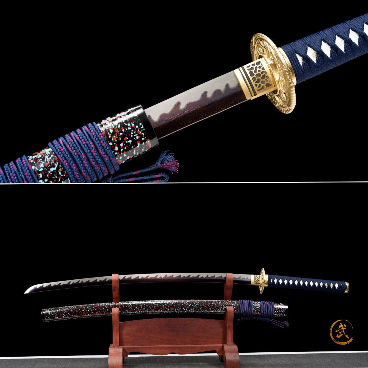 Handgefertigtes Full-Tang Katana aus Damaszenerstahl mit BLAUER Klinge, echtes Katana-Schwert
