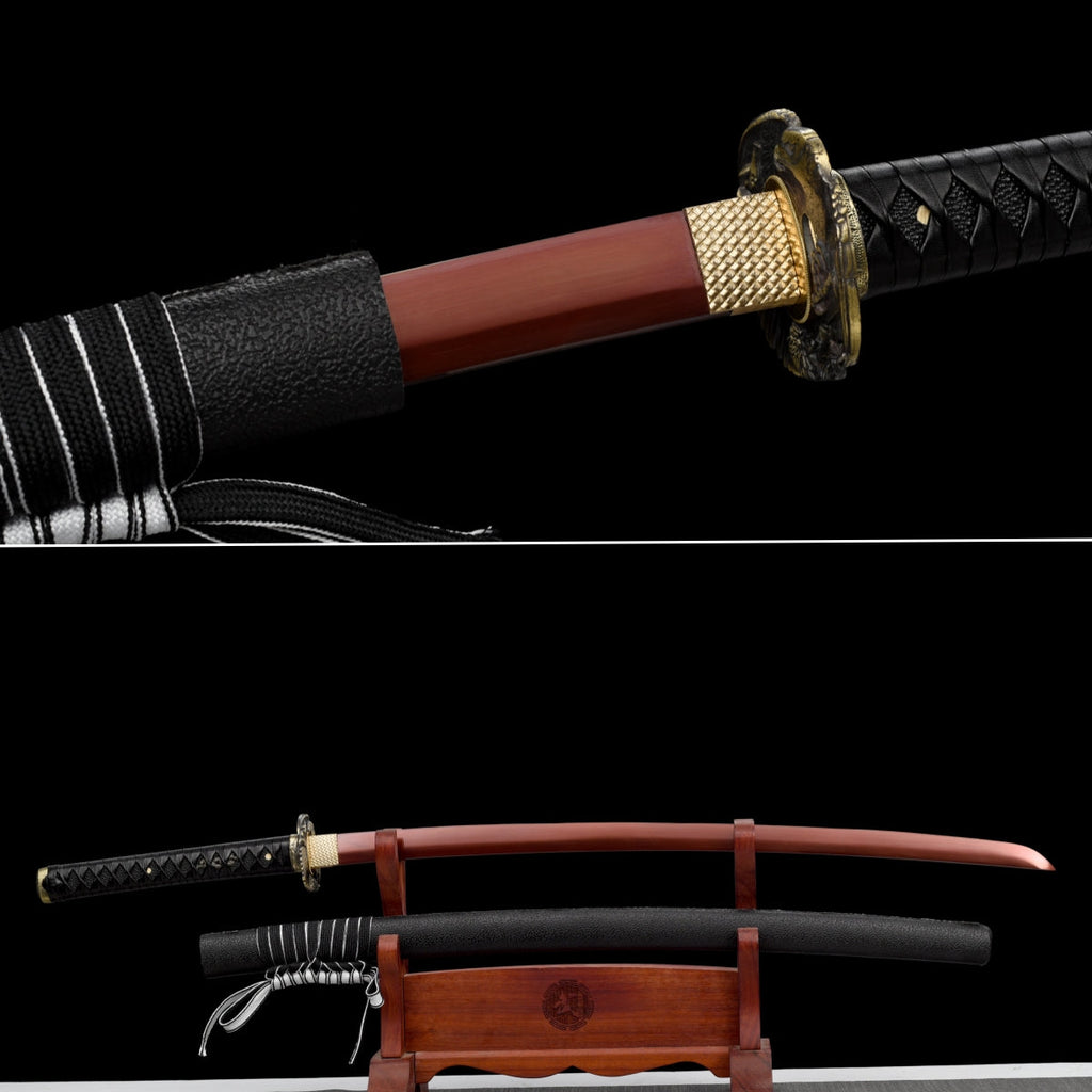 Handgefertigtes Full-Tang-Katana, 1095 Kohlenstoffstahl, rote Klinge, schwarze Scheide, echtes Katana-Schwert