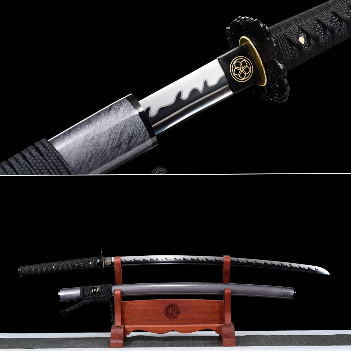 Handgefertigtes Full-Tang-Katana, 1095 Kohlenstoffstahl, schwarze Klinge, echtes Katana-Schwert