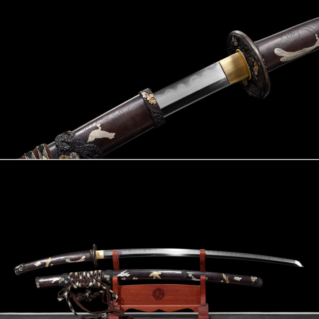 Handgefertigtes Tachi-Schwert mit Full-Tang-Klinge aus echtem Damaststahl und echtem Hamon, 48 Zoll, echtes Katana-Schwert