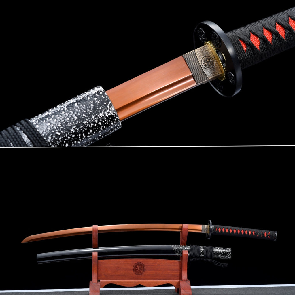 Handgefertigtes Full-Tang-Katana aus 1095er Kohlenstoffstahl, rote Klinge, echtes Katana-Schwert