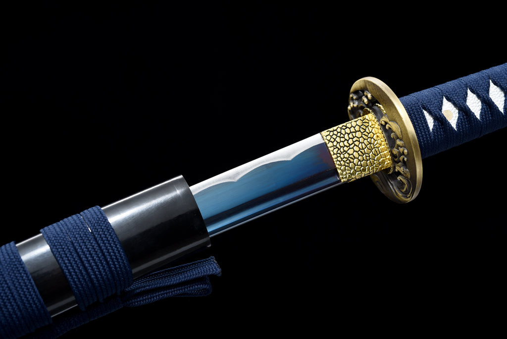 Handgefertigtes Wakizashi-Schwert aus 1045 Kohlenstoffstahl mit blauer Scheide – 31 Zoll, echtes Katana-Schwert
