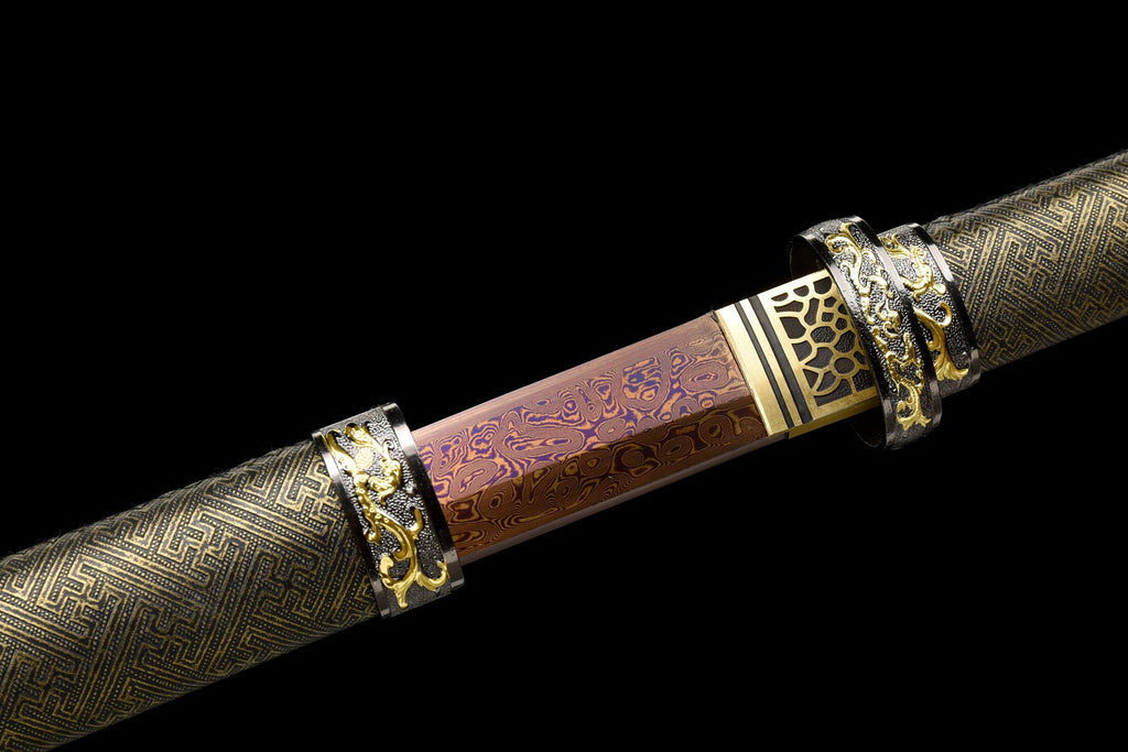 Handgefertigtes Ninjato-Schwert, roter Damaszener-Stahl, Full Tang, Lederscheide und Griff aus Holz mit Lederumwicklung – 104 cm, echtes Katana-Schwert