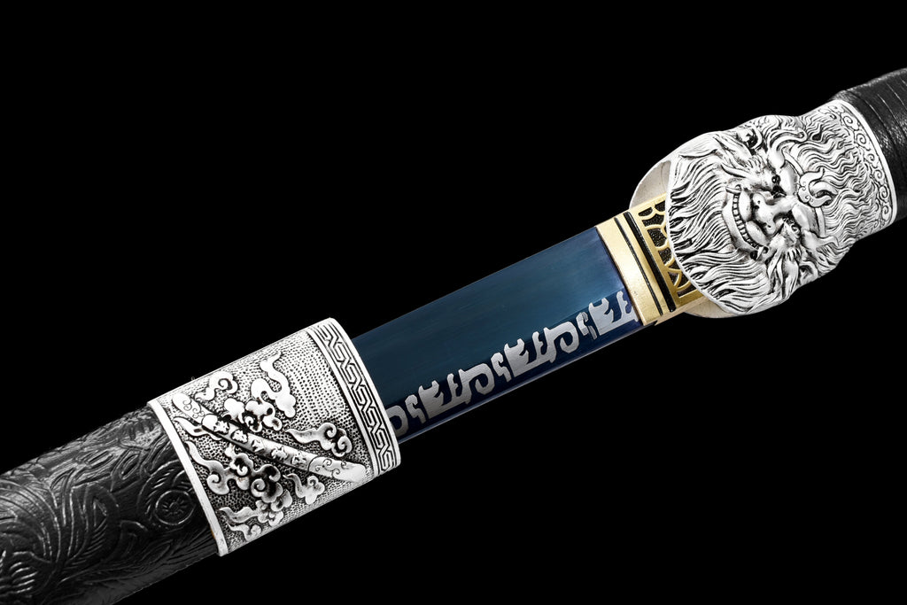 Handgefertigtes Ninja-Schwert, Federstahl, blaue Klinge, Full Tang, schwarze Lederscheide – 107 cm, echtes Katana-Schwert