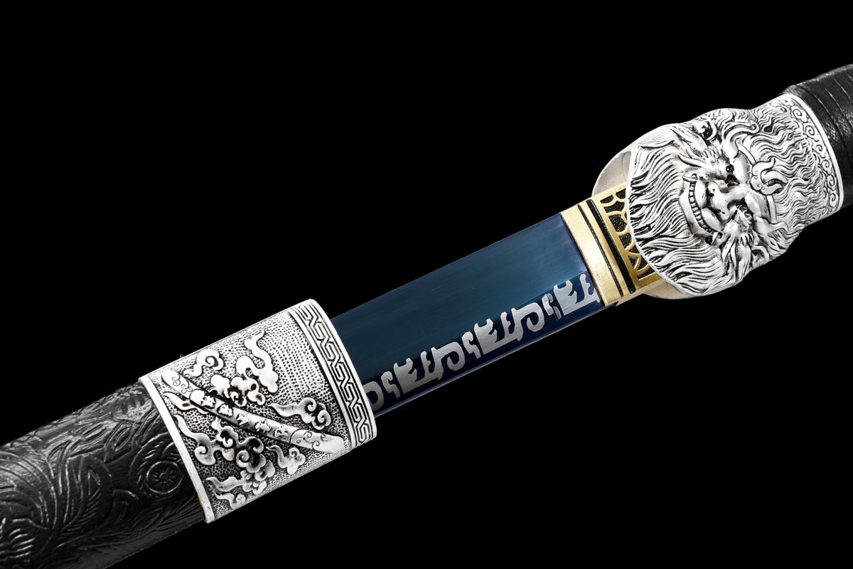Handgefertigtes Ninja-Schwert, Federstahl, blaue Klinge, Full Tang, schwarze Lederscheide – 107 cm, echtes Katana-Schwert