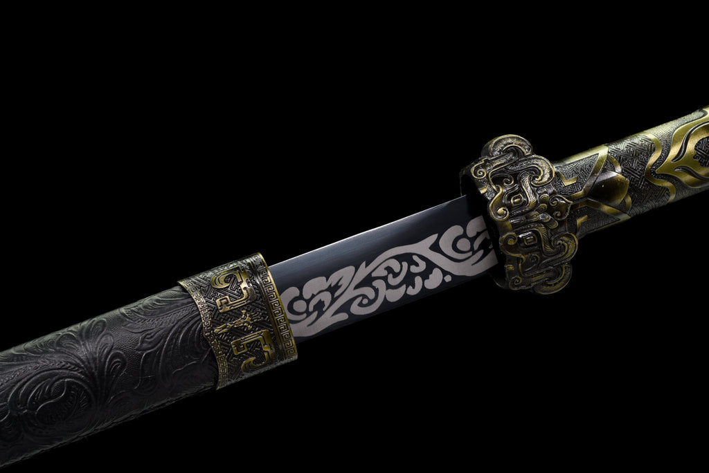 Handgefertigtes Ninjato-Schwert, Federstahl, schwarze Klinge, Full Tang, schwarze Scheide - 100,8 cm, echtes Katana-Schwert