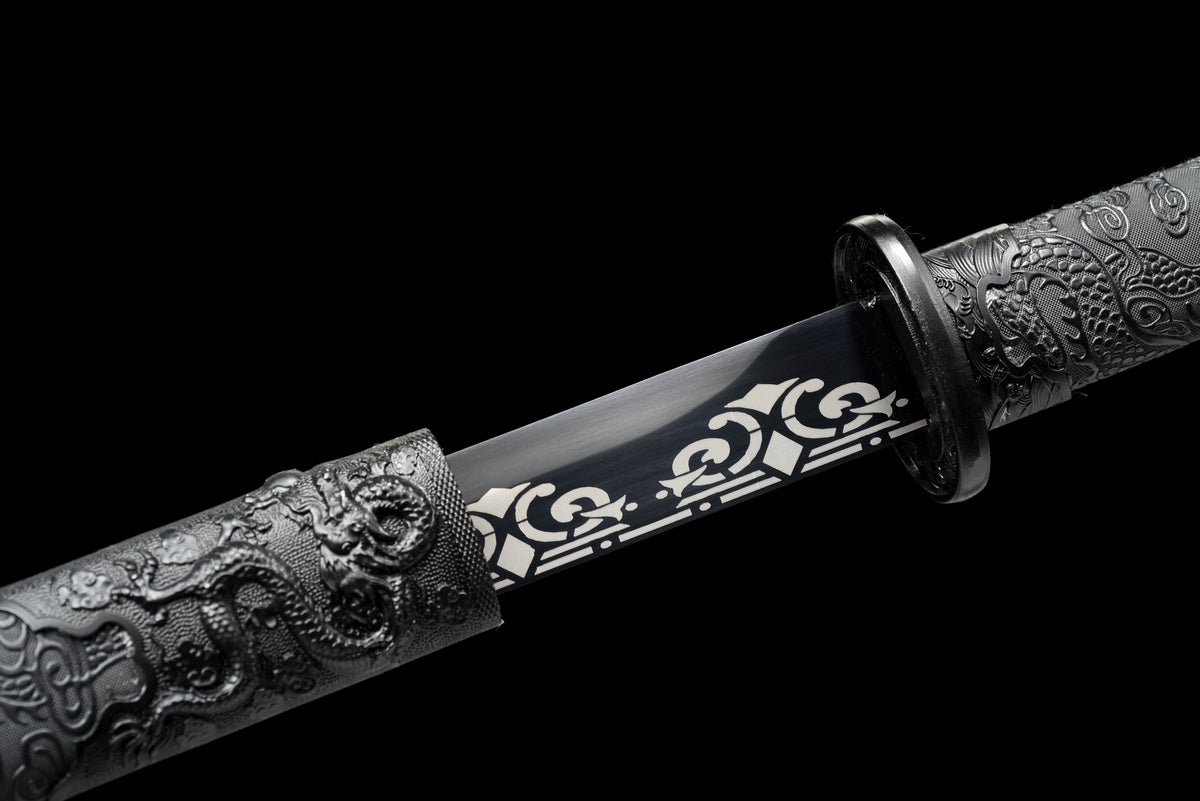 Handgefertigtes Ninjato-Schwert, Federstahl, Full Tang, schwarze Scheide - 107 cm, echtes Katana-Schwert