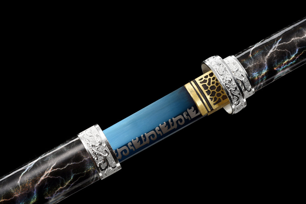Handgefertigtes Ninja-Schwert, Manganstahl, blaue Klinge, Full Tang, Scheide mit blauem Blitz-Motiv – 104 cm, echtes Katana-Schwert