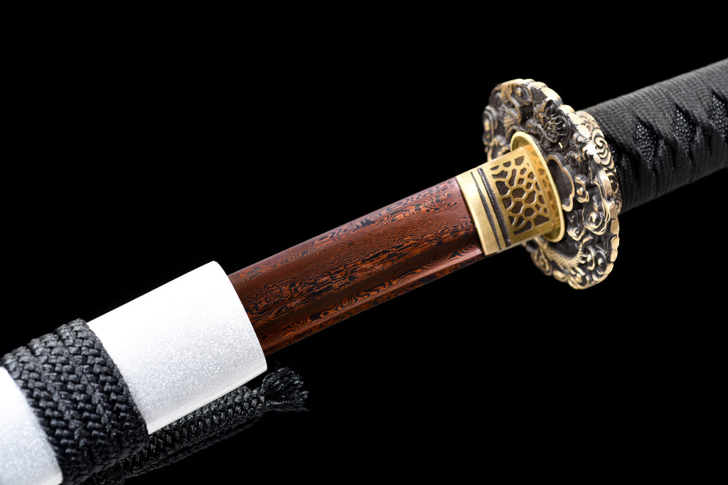 Handgefertigtes Wakizashi-Schwert aus rotem Damaststahl mit weißer Lederscheide – 79 cm, echtes Katana-Schwert