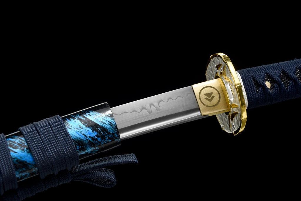 Handgefertigtes Full-Tang-Wakizashi-Schwert, Klinge aus T10-Kohlenstoffstahl, lehmgehärtet, blaue Scheide – 79 cm, echtes Katana-Schwert