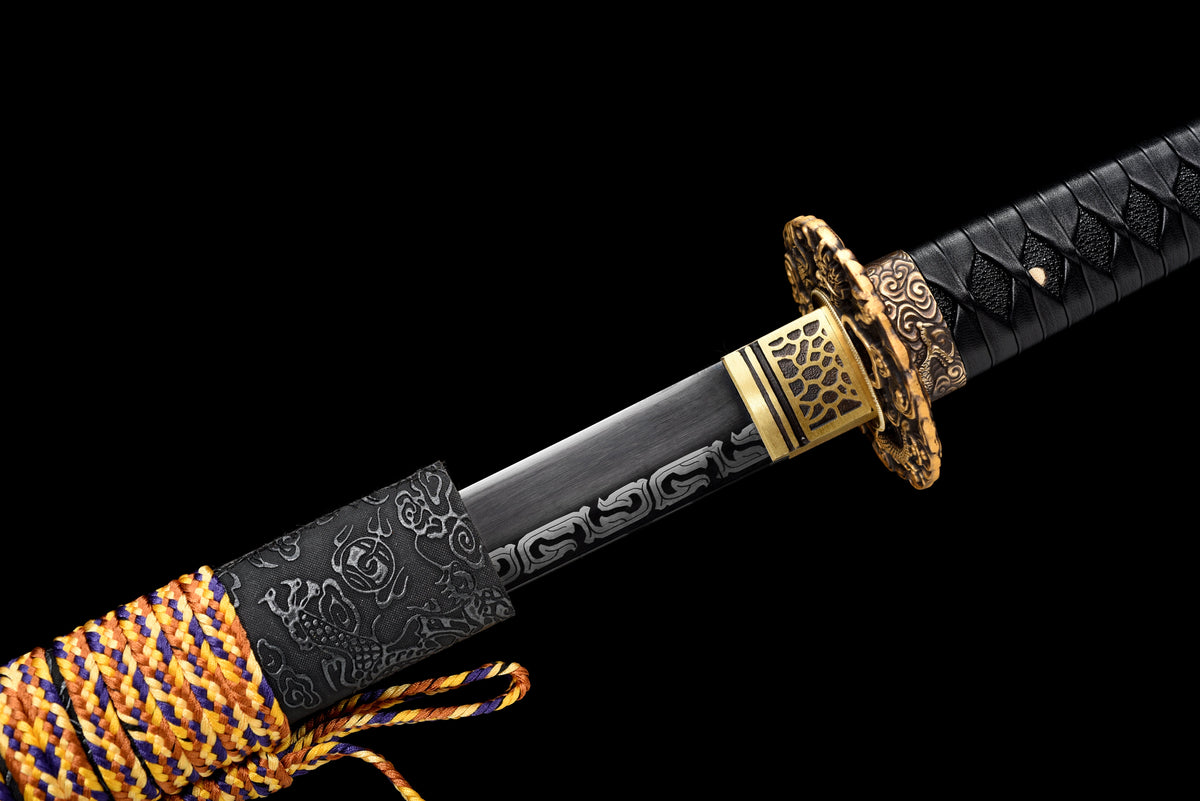 Handgefertigtes Ninjato-Schwert, Manganstahl, Full-Tang, schwarze Klinge, echtes Katana-Schwert
