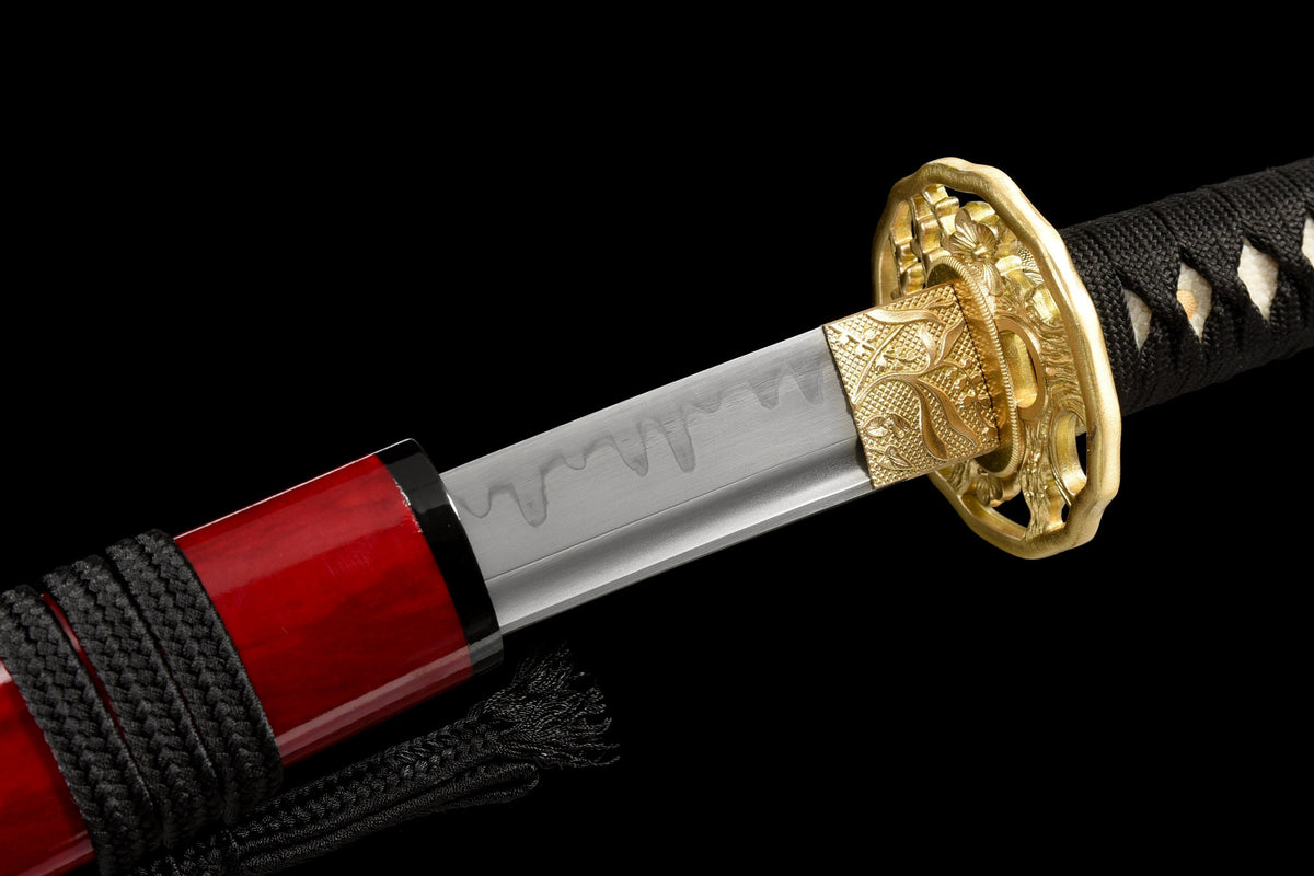 Handgefertigtes Full-Tang-Wakizashi-Schwert aus T10-Kohlenstoffstahl, lehmgehärtete Klinge, rot bedruckte Scheide – 79 cm, echtes Katana-Schwert