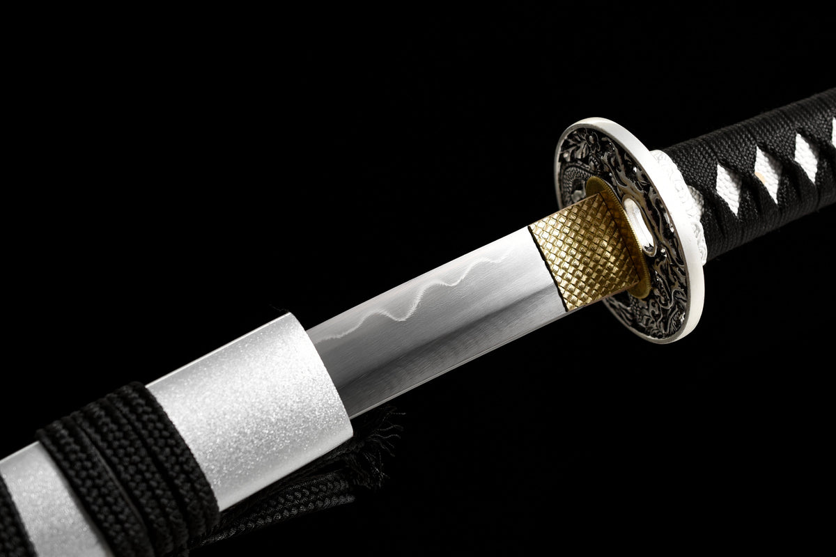Handgefertigtes Wakizashi-Schwert aus Damaszenerstahl mit weißer Lederscheide – 79 cm, echtes Katana-Schwert
