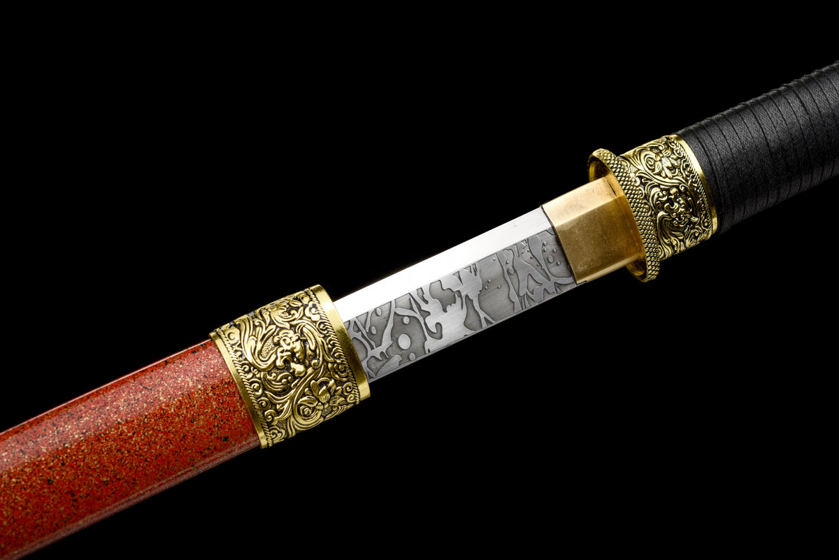Handgefertigtes Ninja-Schwert, Federstahl, Klinge mit Schnitzmuster, Full Tang, rote Scheide mit Punkt – 42 Zoll, echtes Katana-Schwert