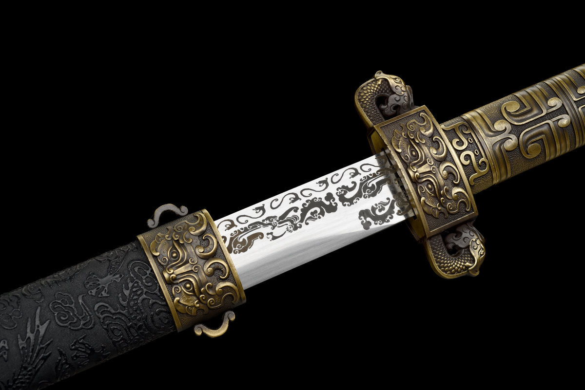 Handgefertigtes Schwert im chinesischen Stil, 1045 Kohlenstoffstahl, Full Tang, schwarze Lederscheide und Griff aus Legierung - 107 cm, echtes Katana-Schwert