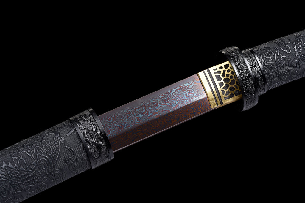 Handgefertigtes Wakizashi-Schwert aus rotem Damaszener Stahl mit schwarzer Lederscheide – 79 cm, echtes Katana-Schwert