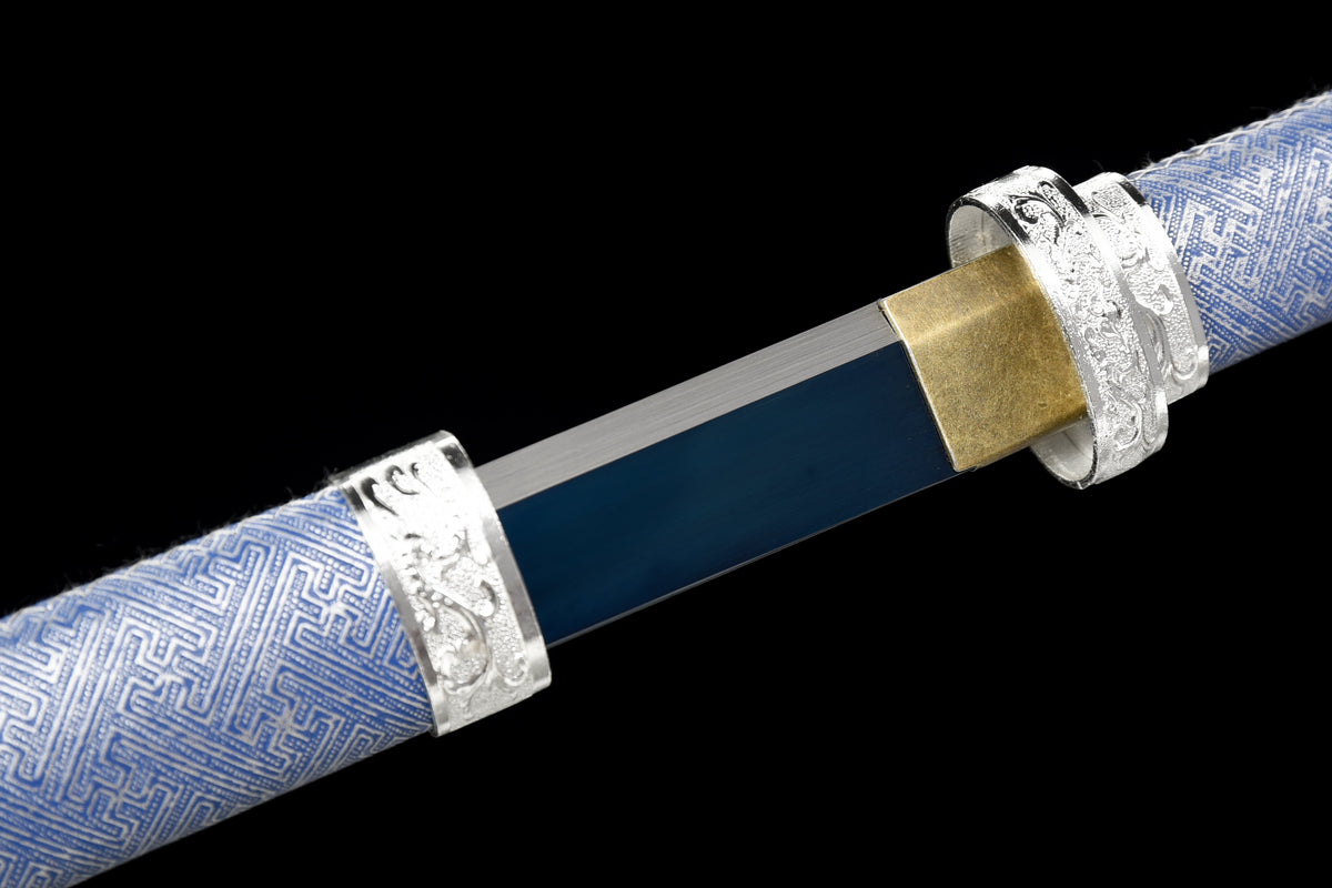 Handgefertigtes Ninja-Schwert, Manganstahl, blaue Klinge, Full-Tang, blau bedruckte Scheide – 104 cm, echtes Katana-Schwert