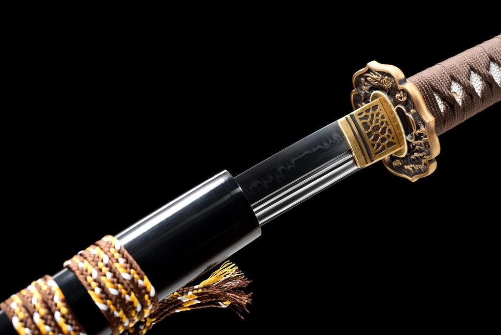 Handgefertigtes Full-Tang-Wakizashi-Schwert, T10-Stahl, Unokubi-Zukuri-Klingenstil, lehmgehärtete Klinge, schwarz bedruckte Scheide - 79 cm, echtes Katana-Schwert