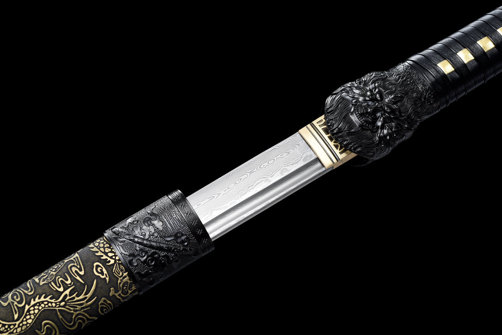 Handgefertigtes Ninjato-Schwert aus Damaszener Stahl, Full Tang, goldene Lederscheide mit schwarzer Kordelwicklung, echtes Katana-Schwert