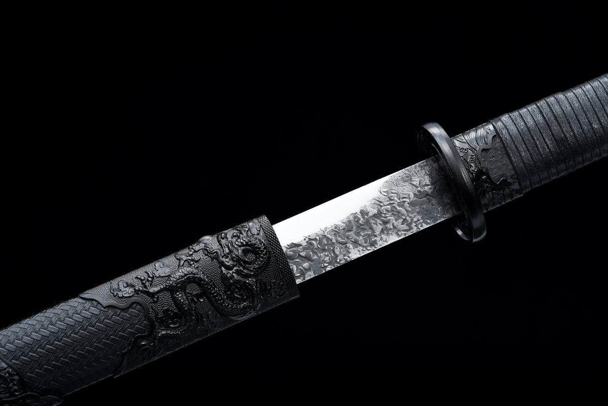Handgefertigtes Ninjato-Schwert, Federstahl, Full Tang, schwarze Scheide - 107 cm, echtes Katana-Schwert