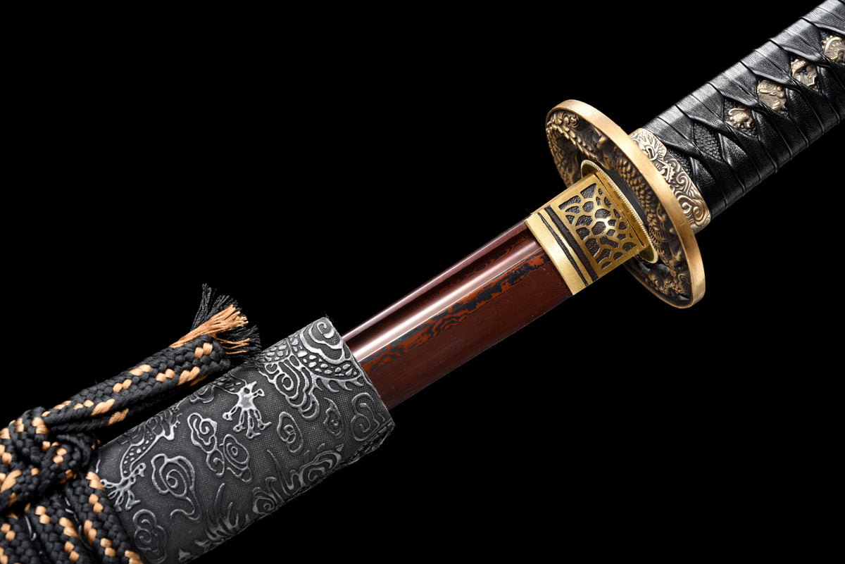 Handgefertigtes Wakizashi-Schwert aus rotem Damaszener Stahl mit schwarzer Lederscheide – 79 cm, echtes Katana-Schwert