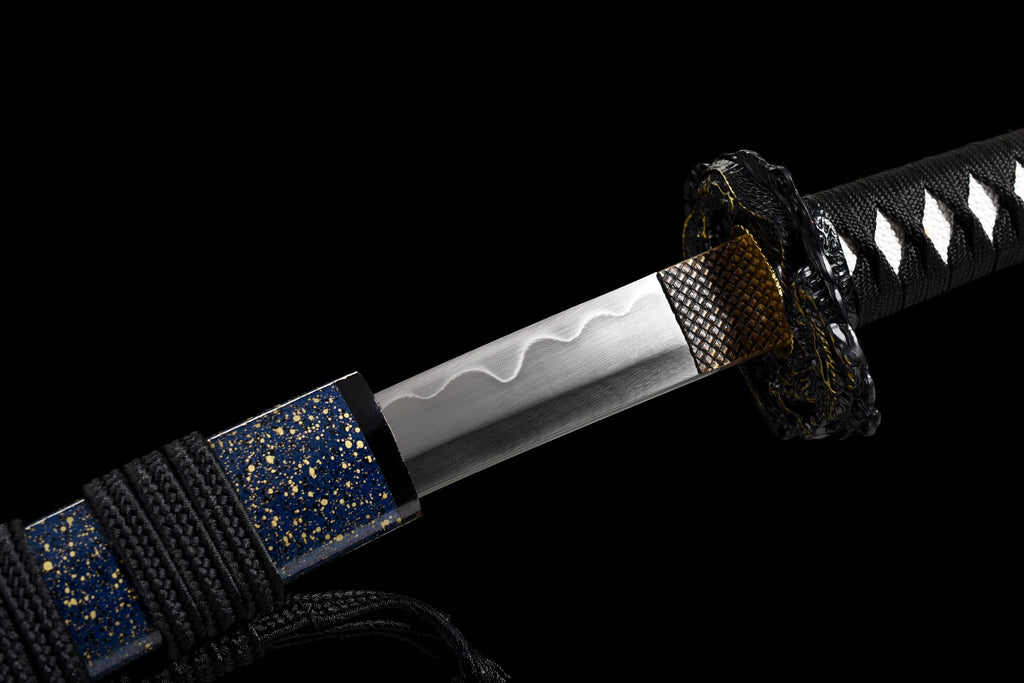 Handgefertigtes Full-Tang Wakizashi-Schwert, Damaszener Stahl, lehmgehärtete Klinge, blaue Scheide – 79 cm, echtes Katana-Schwert