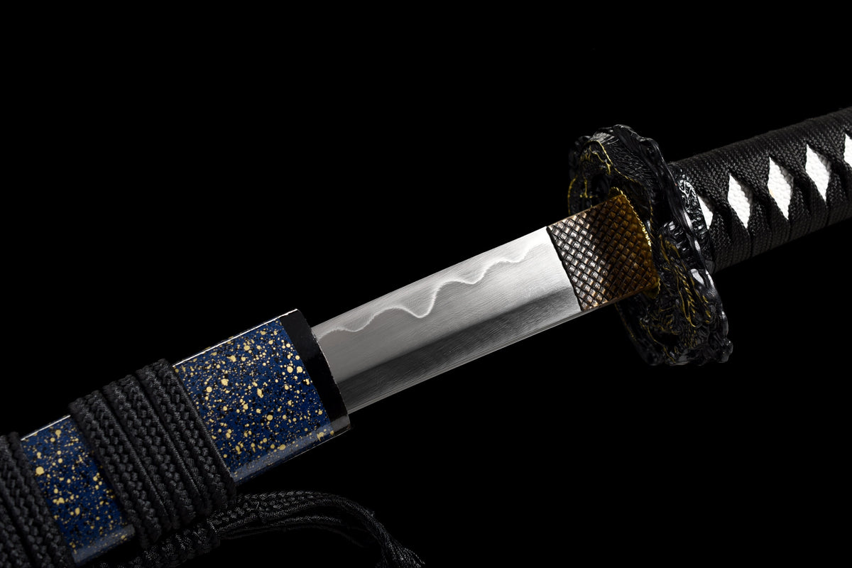 Handgefertigtes Full-Tang Wakizashi-Schwert, Damaszener Stahl, lehmgehärtete Klinge, blaue Scheide – 79 cm, echtes Katana-Schwert