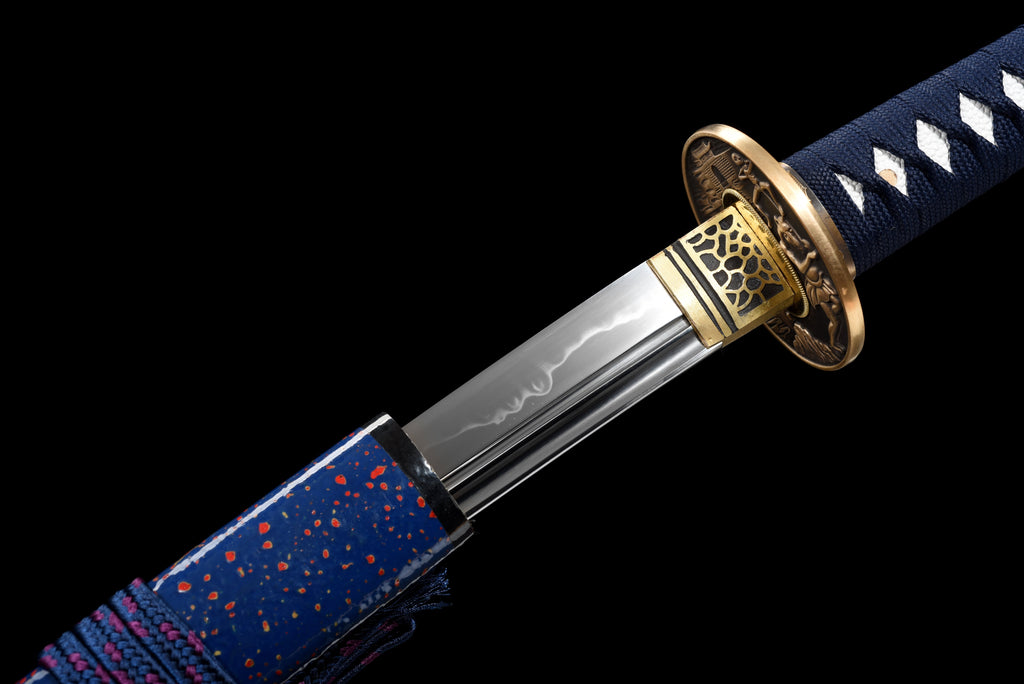 Handgefertigtes Full-Tang-Wakizashi-Schwert, Klinge aus T10-Kohlenstoffstahl, differenziell gehärtet, blau gepunktete Scheide – 79 cm, echtes Katana-Schwert