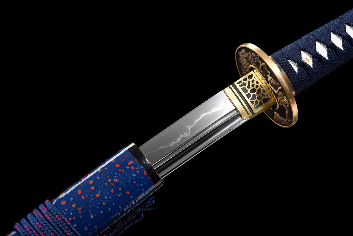 Handgefertigtes Full-Tang-Wakizashi-Schwert, Klinge aus T10-Kohlenstoffstahl, differenziell gehärtet, blau gepunktete Scheide – 79 cm, echtes Katana-Schwert