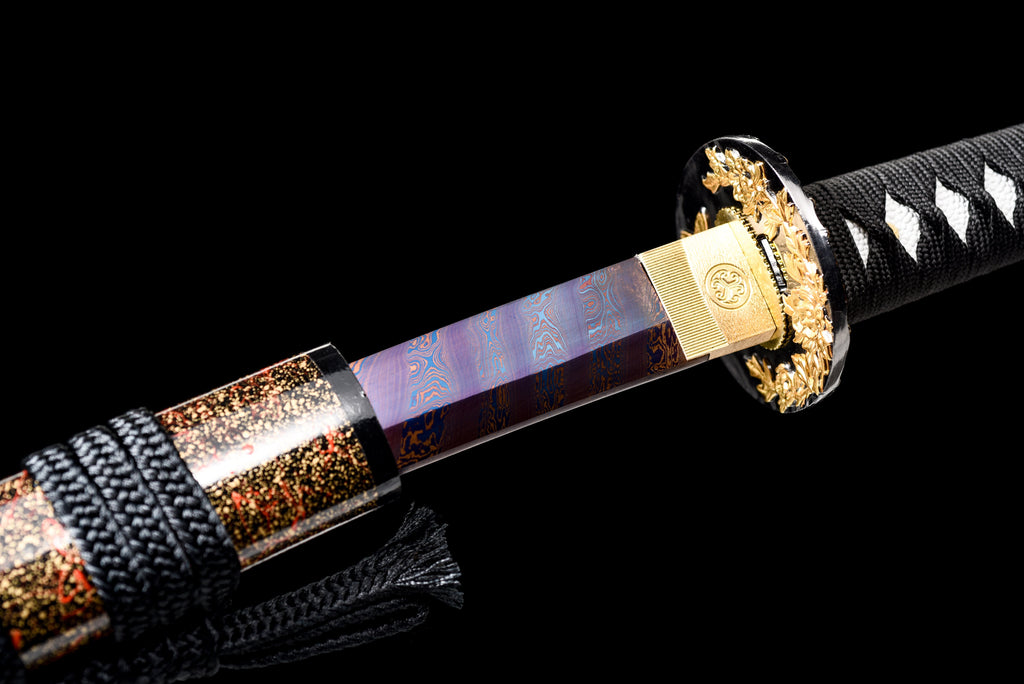 Handgefertigtes Wakizashi-Schwert, roter Damaszenerstahl mit Chroma-Scheide - 79 cm, echtes Katana-Schwert