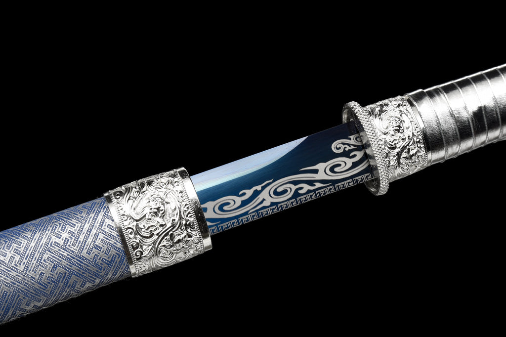 Handgefertigtes Ninja-Schwert, Manganstahl, blaue Klinge, Full Tang, blau bedruckte Scheide - 104 cm, echtes Katana-Schwert