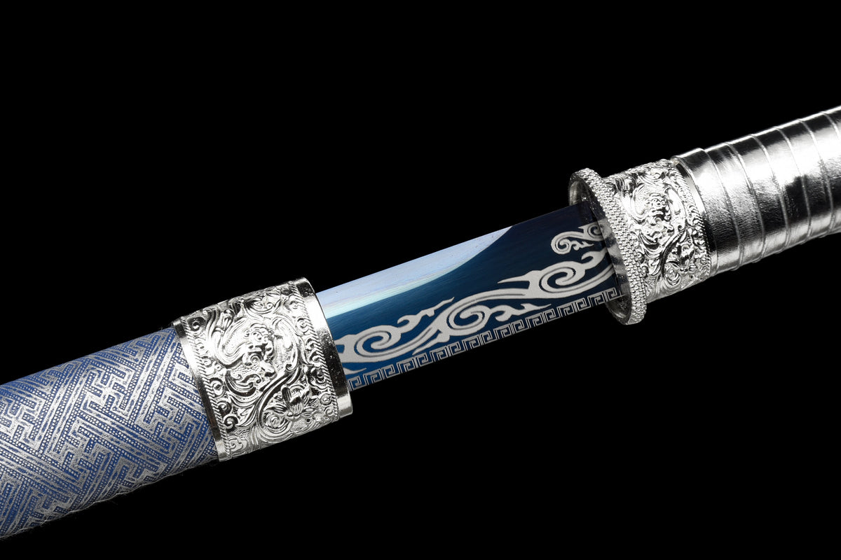 Handgefertigtes Ninja-Schwert, Manganstahl, blaue Klinge, Full Tang, blau bedruckte Scheide - 104 cm, echtes Katana-Schwert
