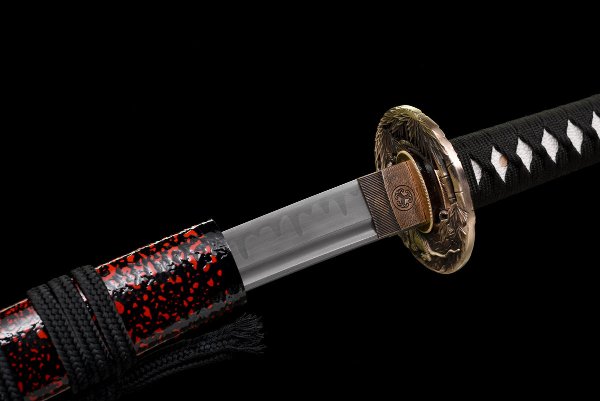 Handgefertigtes Full Tang Wakizashi-Schwert, T10-Kohlen stoffstahl, lehmgehärtete Klinge, rot gefleckte Scheide - 79 cm, echtes Katana-Schwert