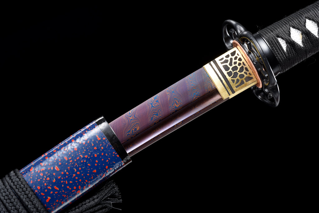 Handgefertigtes Wakizashi-Schwert, roter Damaszener-Stahl mit blauer Scheide – 79 cm, echtes Katana-Schwert