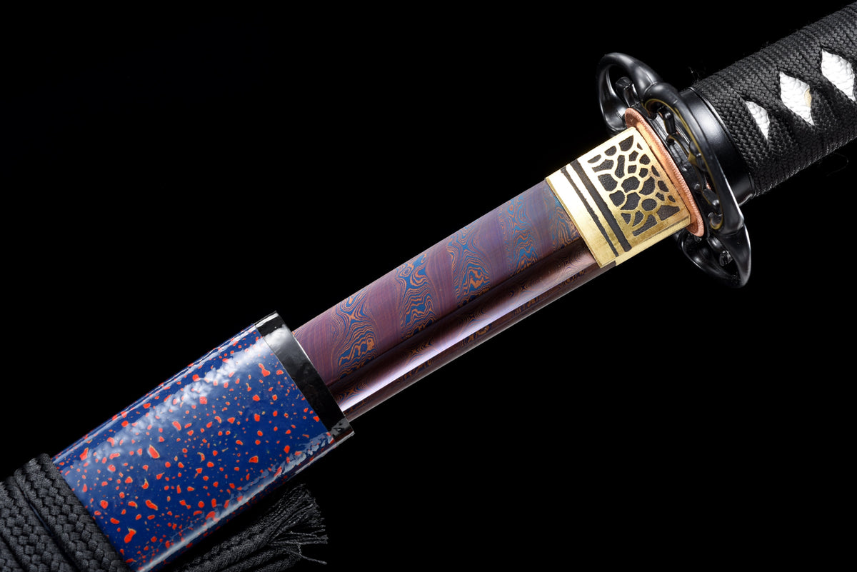 Handgefertigtes Wakizashi-Schwert, roter Damaszener-Stahl mit blauer Scheide – 79 cm, echtes Katana-Schwert