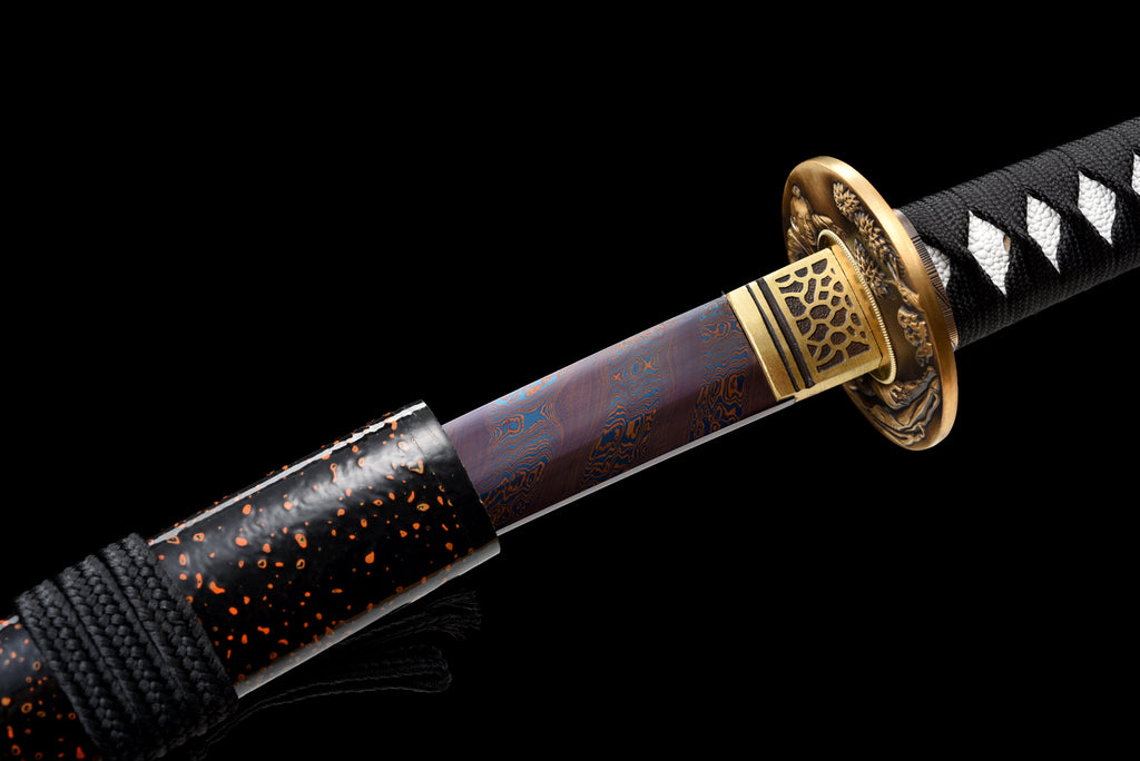 Handgefertigtes Wakizashi-Schwert, blauer Damaszener-Stahl mit schwarzer Scheide – 79 cm, echtes Katana-Schwert