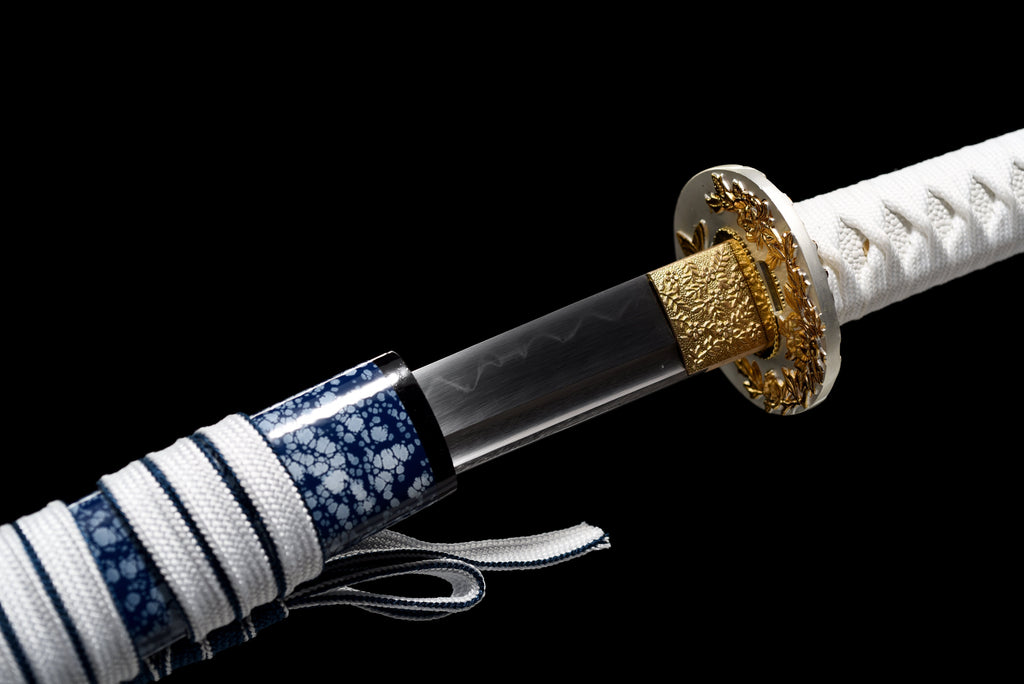 Handgefertigtes Full-Tang-Wakizashi-Schwert, Klinge aus T10-Kohlenstoffstahl, lehmgehärtet, blaue Scheide – 79 cm, echtes Katana-Schwert