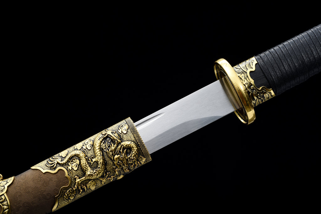 Handgefertigtes Ninja-Schwert, Klinge aus Manganstahl, Full Tang, goldene Lederscheide – 107 cm, echtes Katana-Schwert