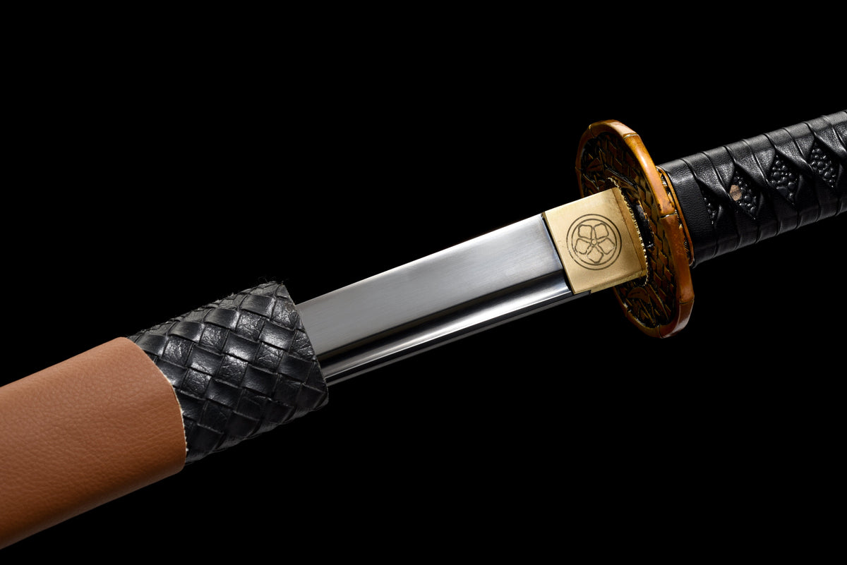 Handgefertigtes Wakizashi-Schwert aus Manganstahl mit schwarzer Lederscheide – 79 cm, echtes Katana-Schwert