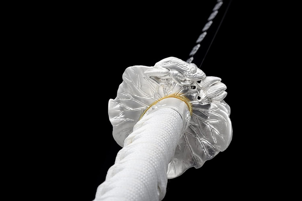 Handgefertigtes japanisches Samuraischwert, 41-Zoll-Katana mit durchgehendem Erl, Federstahl, flexibel und elastisch, hohe Zähigkeit, weiß, scharf