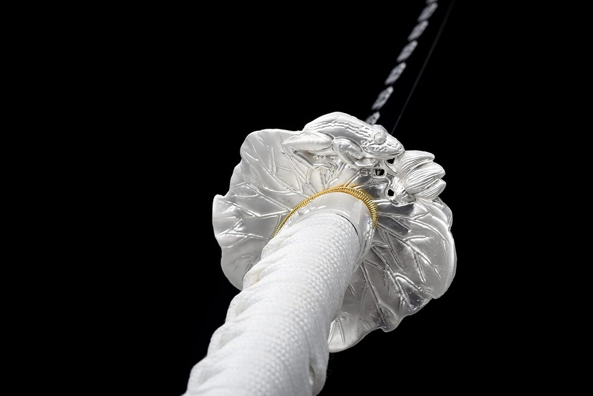 Handgefertigtes japanisches Samuraischwert, 41-Zoll-Katana mit durchgehendem Erl, Federstahl, flexibel und elastisch, hohe Zähigkeit, weiß, scharf