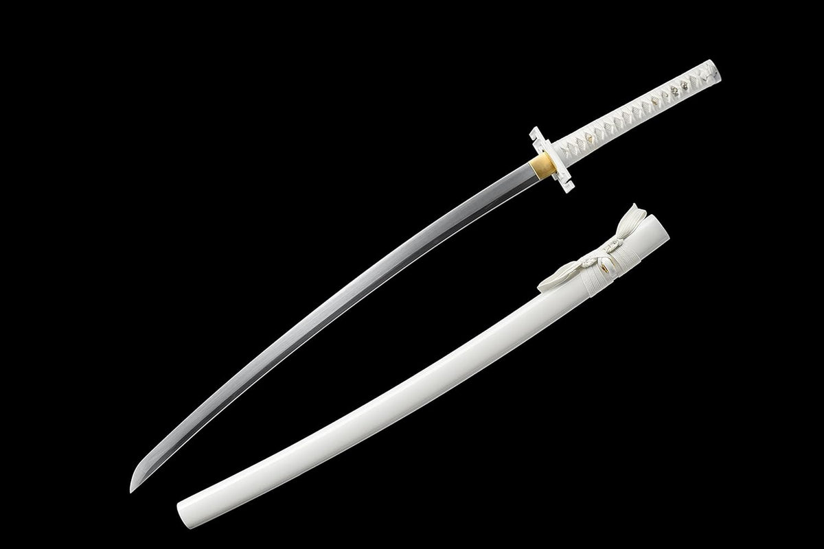 Ichigo Kurosaki, Full Tang 41 Zoll Cosplay handgeschmiedetes Katana-Schwert, 1060 Kohlenstoffstahl Schwarz und Weiß, sehr scharf – Anime-Schwert (Weiß)